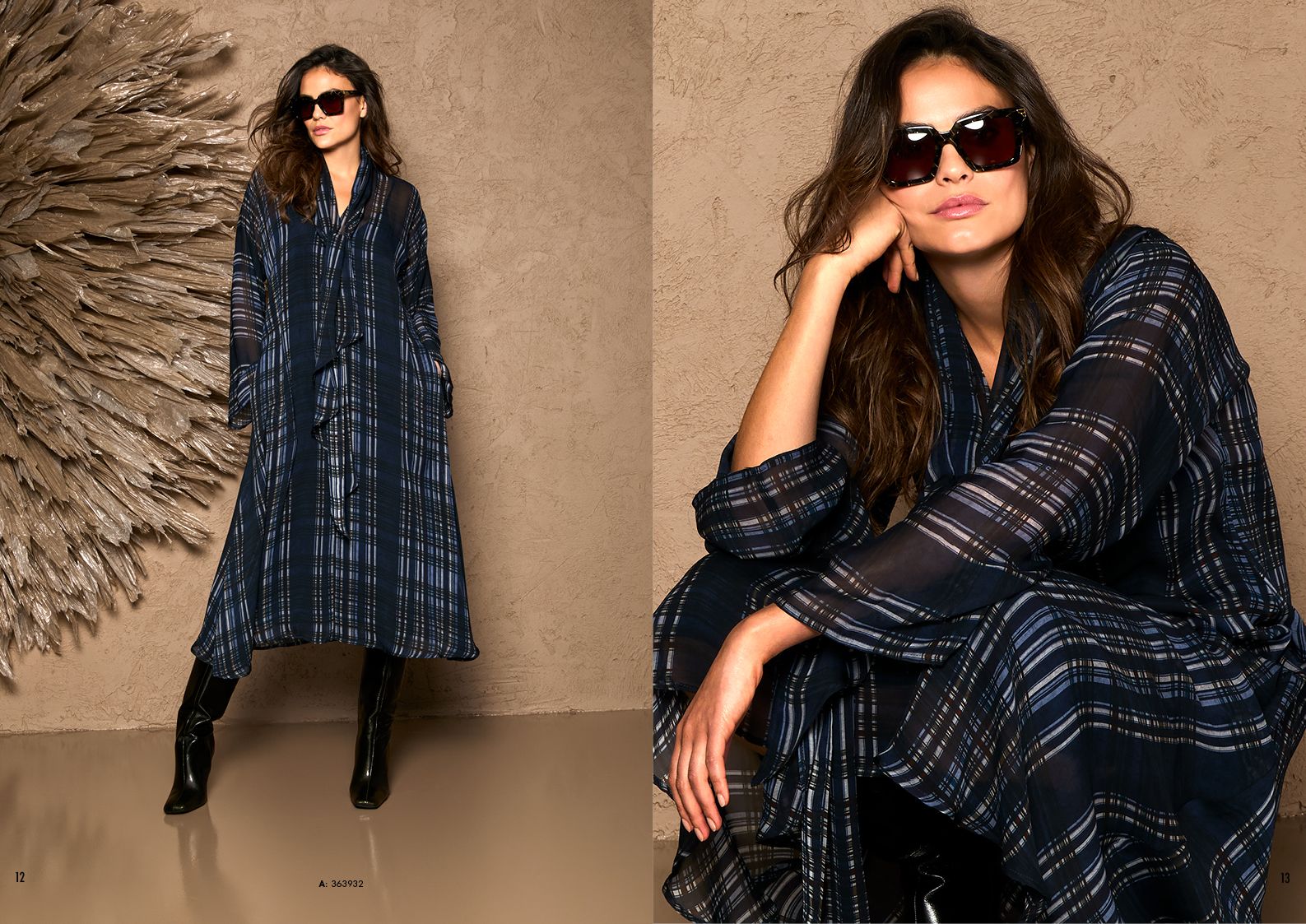 Frau trägt eleganten, dunkelblauen Plaid-Mantel mit Sonnenbrille, posierend in zwei Ansichten.