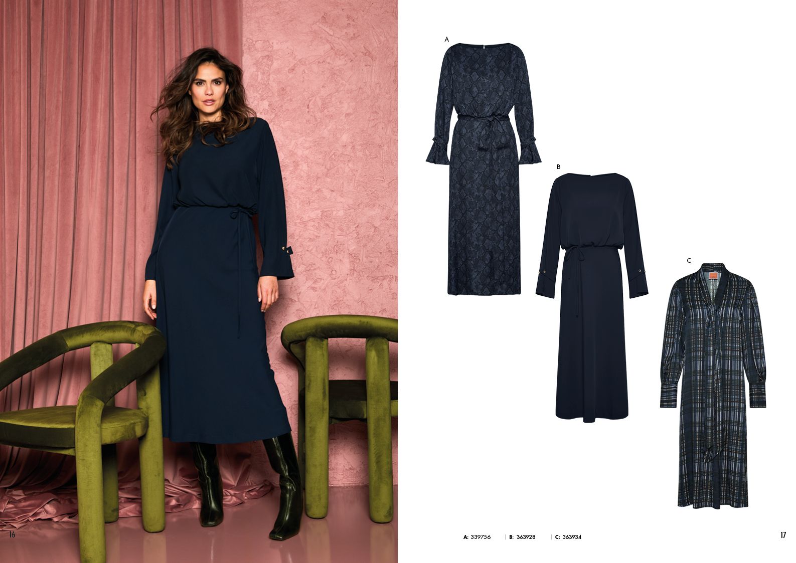 Frau trägt eleganten, langen Kleidungsstil mit Gürtel, daneben drei Varianten desselben Designs in Schwarz.