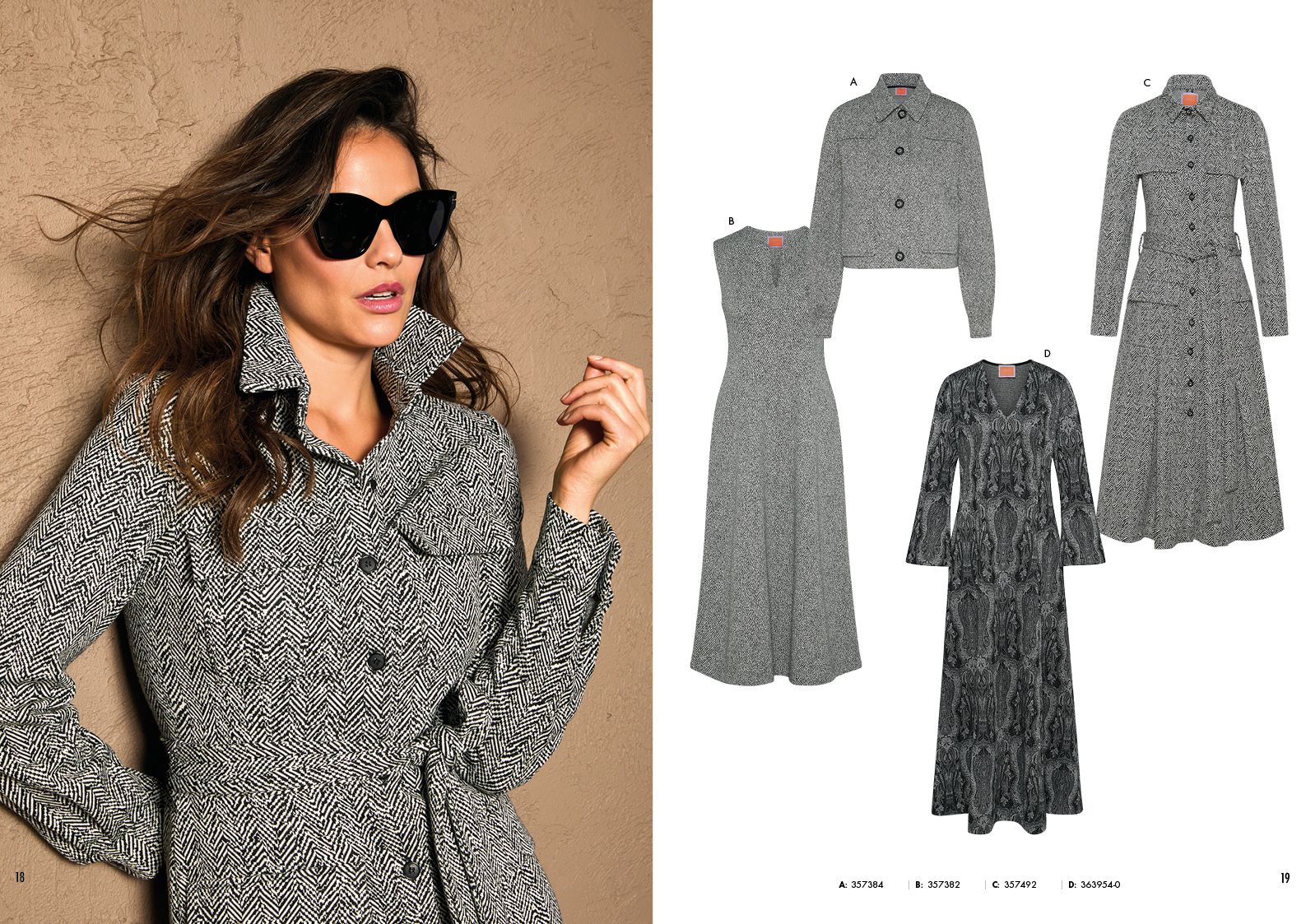 Frau mit oversized Blazer im floralen Muster, daneben vier Kleidervarianten desselben Stoffs.