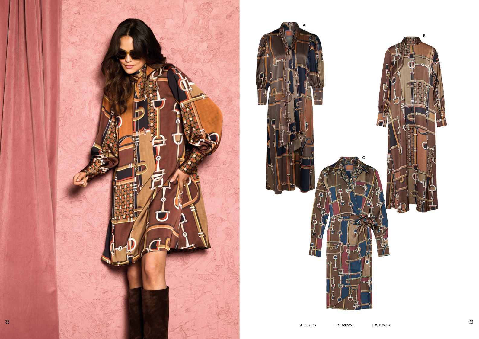 Modische Frau in buntem Patchwork-Kleid mit Accessoires, daneben drei Varianten desselben Designs.