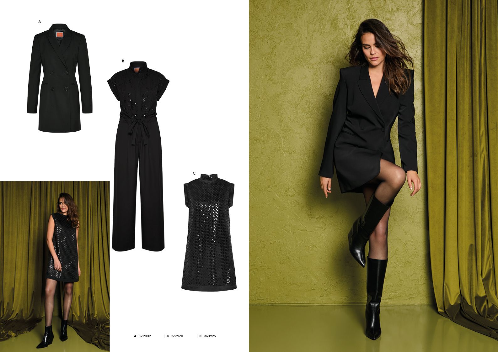 Stylische schwarze Damenmode: Blazer, Jumpsuit, Kleid und Stiefel auf grünem Hintergrund.